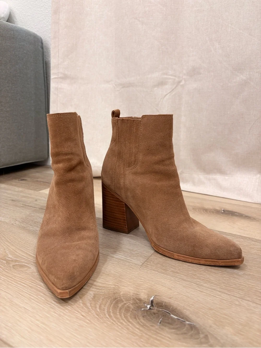 Marc Fisher Tan Suede Stacked Block Heel Ankle Booties